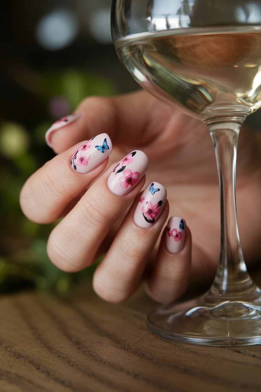 Spring floral nail designs with fresh spring flowers - elegant hand showcasing light pink nails with cherry blossoms and blue butterflies, featuring delicate branches and vibrant spring colors